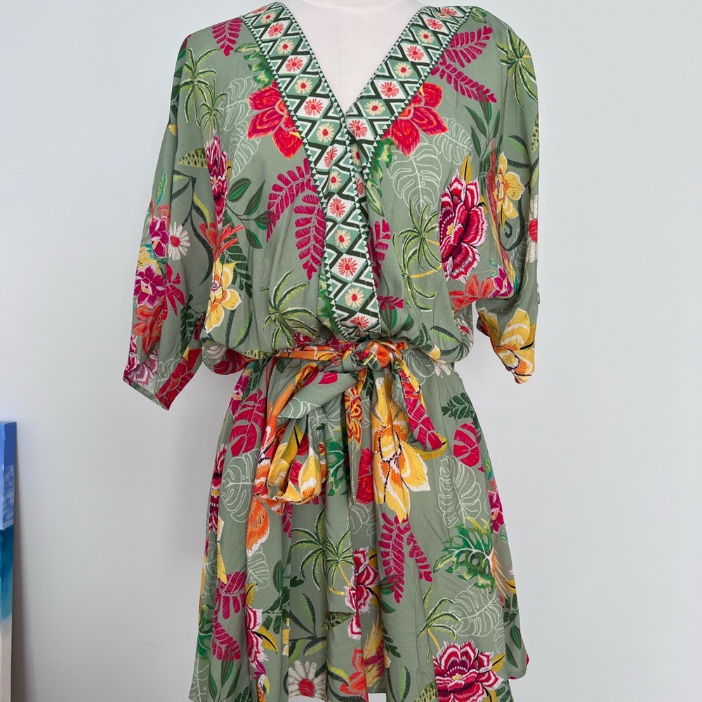 Cupshe Green Floral Mini Dress with Pink & Yellow Accents